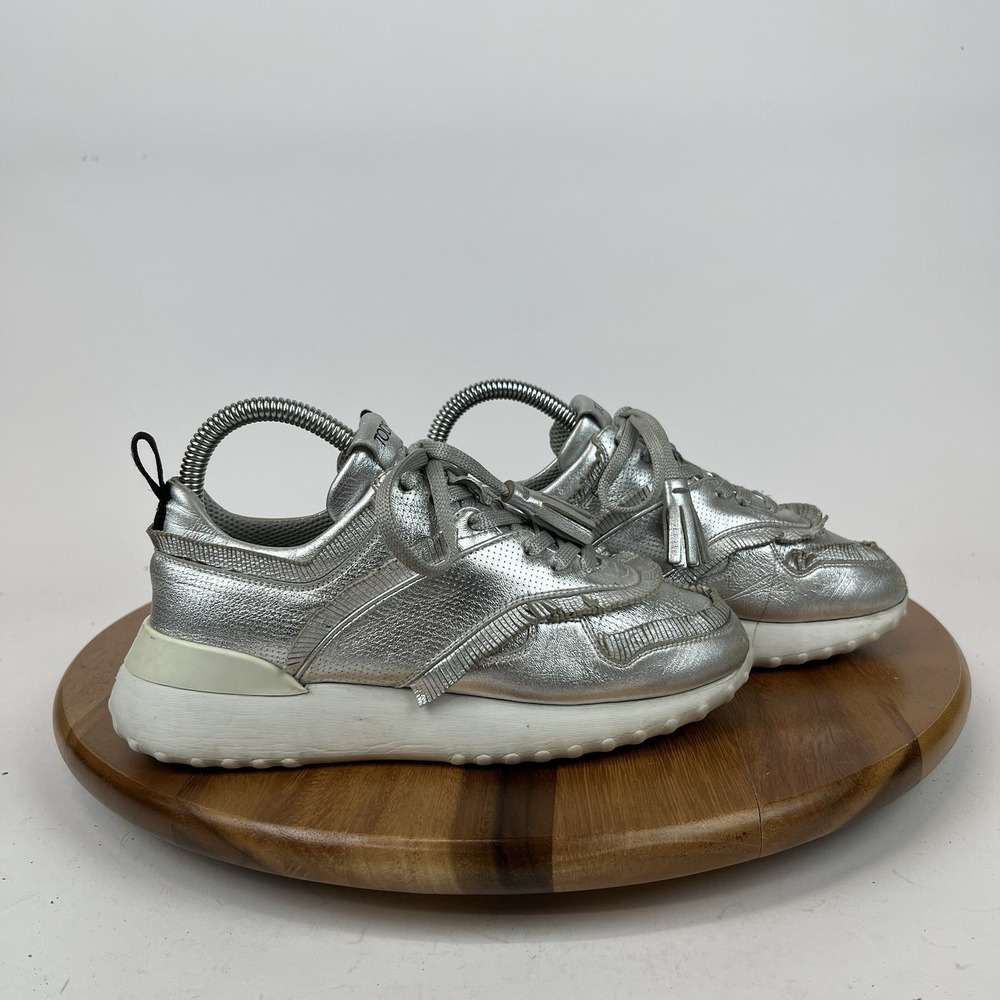 Womens Tods Silver perforated Leather Lace Up Casual Sneakers Shoes Size EU 35